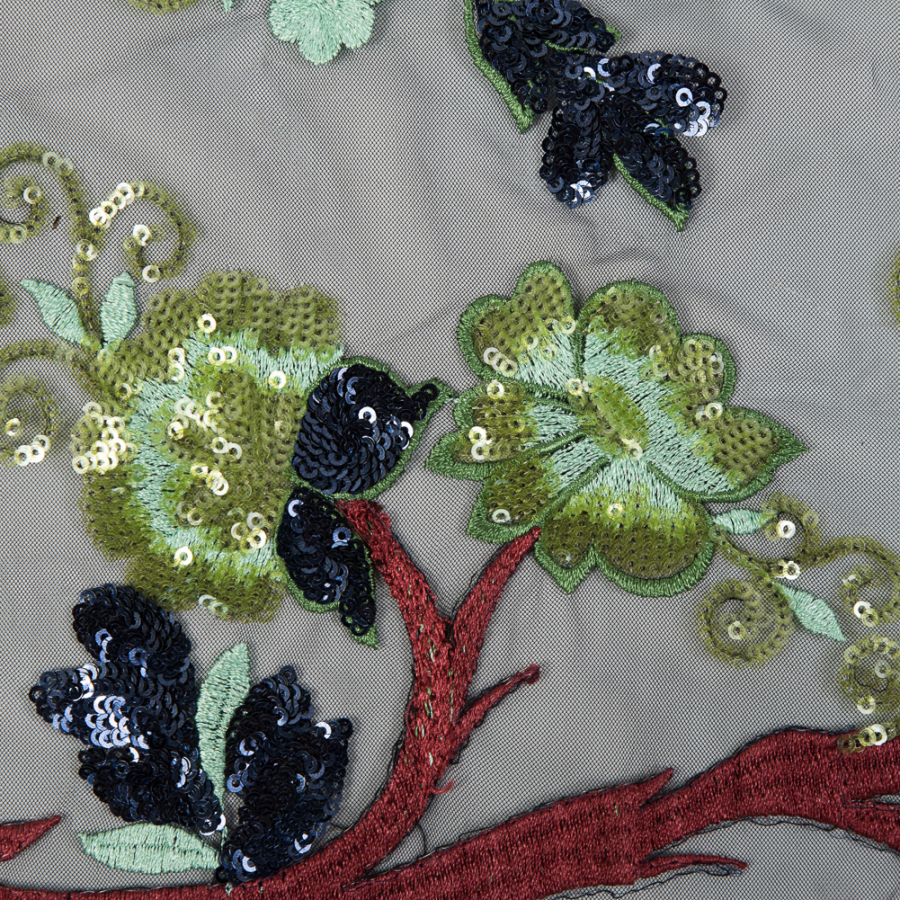 Green, Brown and Navy Floral Embroidered and Sequined Mesh - Novelty ...