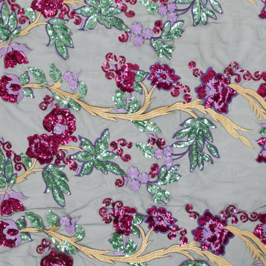 Purple, Pink, Green and Gold Floral Embroidered and Sequined Mesh | Mood Fabrics
