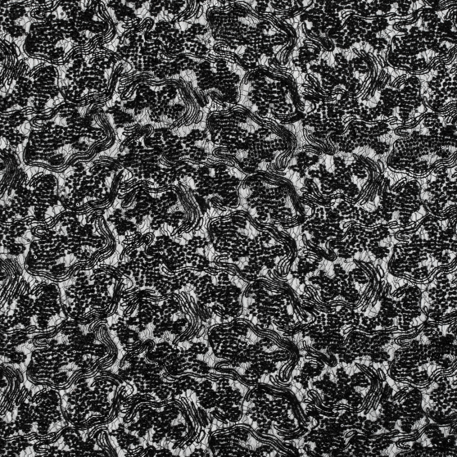Black Abstract Re-Embroidered and Sequined Lace | Mood Fabrics