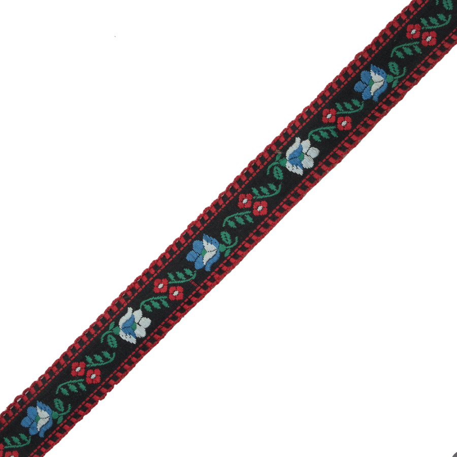 Black, Red and Green Floral German Jacquard Ribbon - 1 | Mood Fabrics