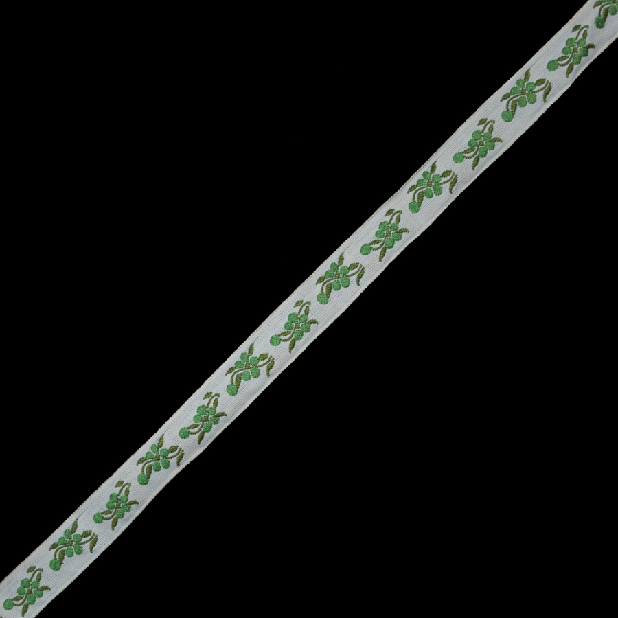 White and Green Floral Jacquard Ribbon - 0.625 | Mood Fabrics