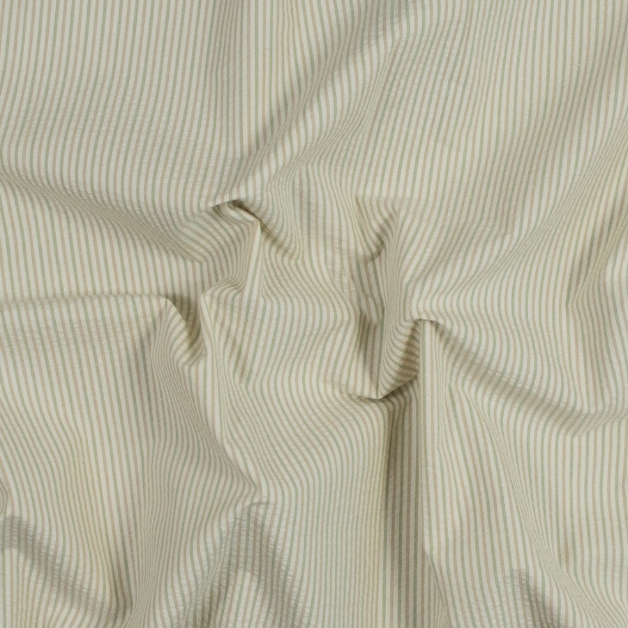 Green, Beige and Yellow Striped Cotton Seersucker | Mood Fabrics