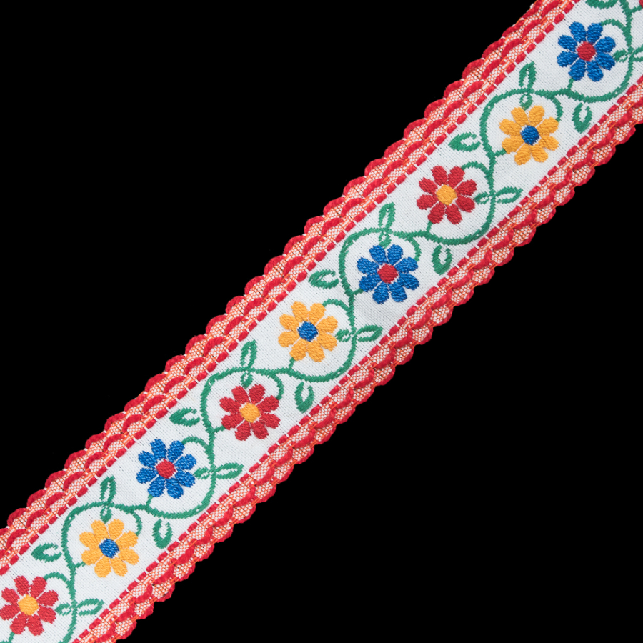 Red, Yellow and Blue Raised Floral German Jacquard Ribbon - 2 | Mood Fabrics