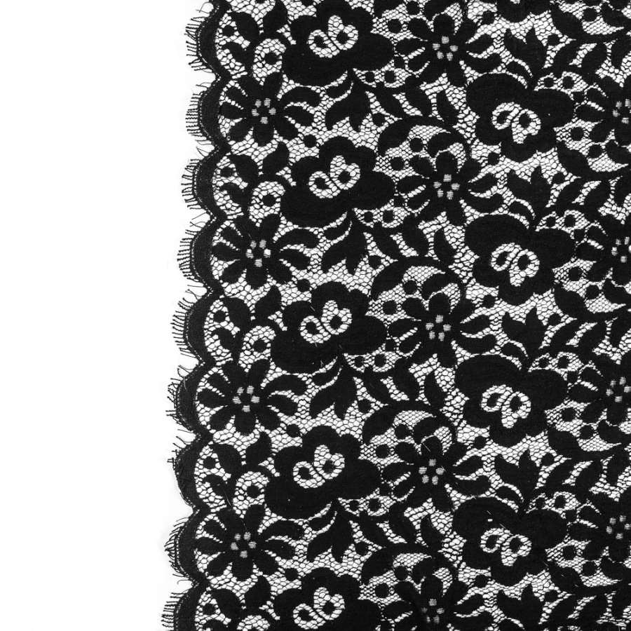 Tibi Black Floral Polyester Lace with Scalloped Eyelash Edges | Mood Fabrics