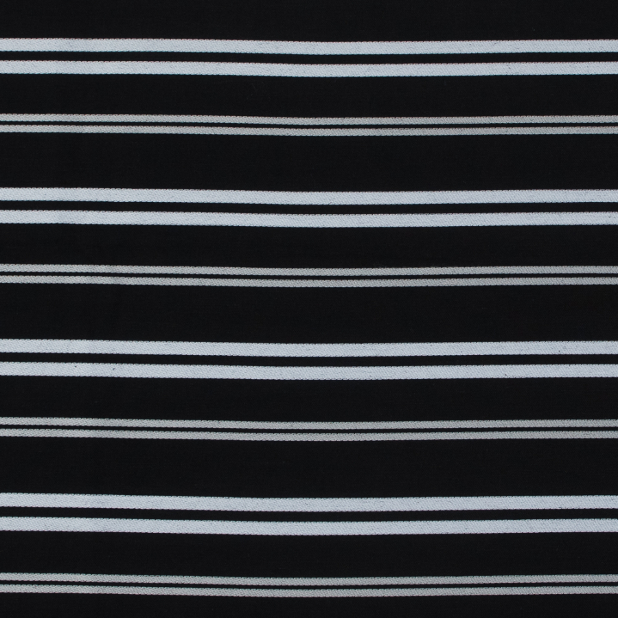 Black Cotton Twill with Silver Embroidered Stripes | Mood Fabrics