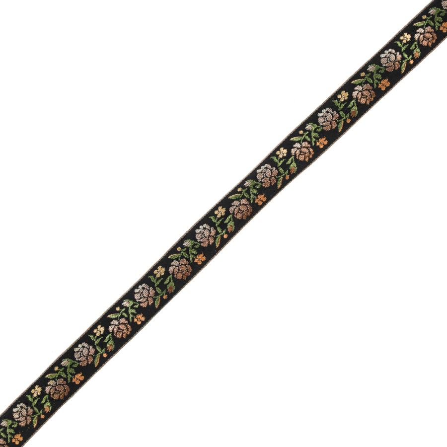 German Black and Brown Floral Jacquard Ribbon - 0.875 | Mood Fabrics
