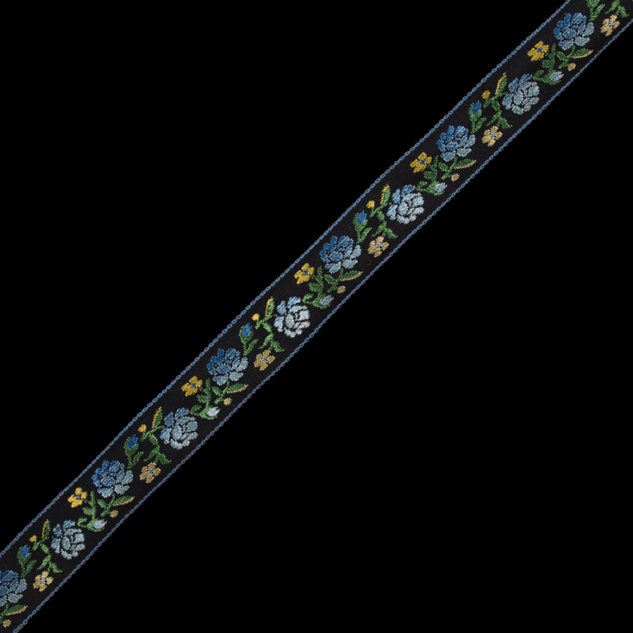 Blue, Green and Black Floral Jacquard Ribbon - 0.875 | Mood Fabrics