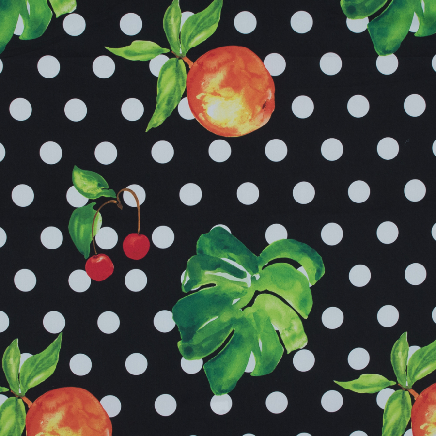 Cherry, Peach and Polka Dot Printed Stretch Cotton Shirting | Mood Fabrics