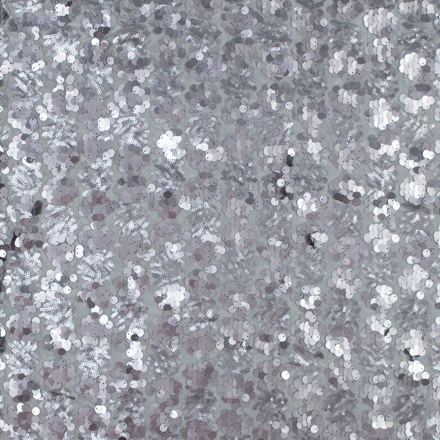 Silver Patterned Sequins over Gray Mesh | Mood Fabrics