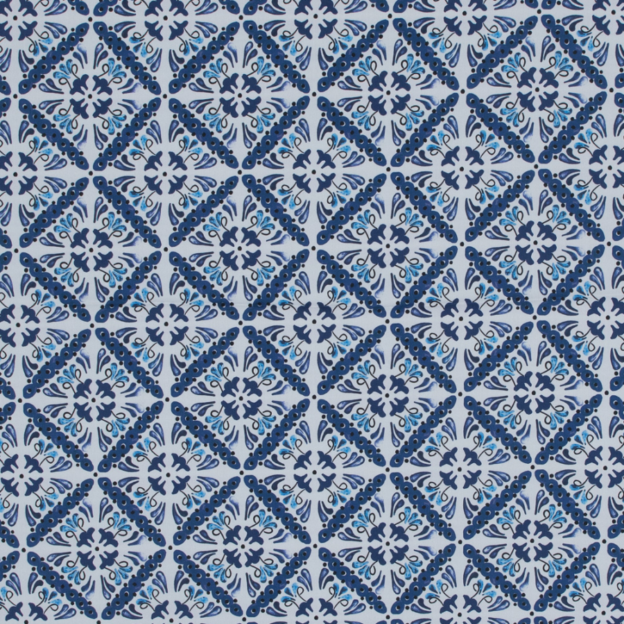 China Blue and White Diamond Floral Printed Stretch Twill Cotton | Mood Fabrics