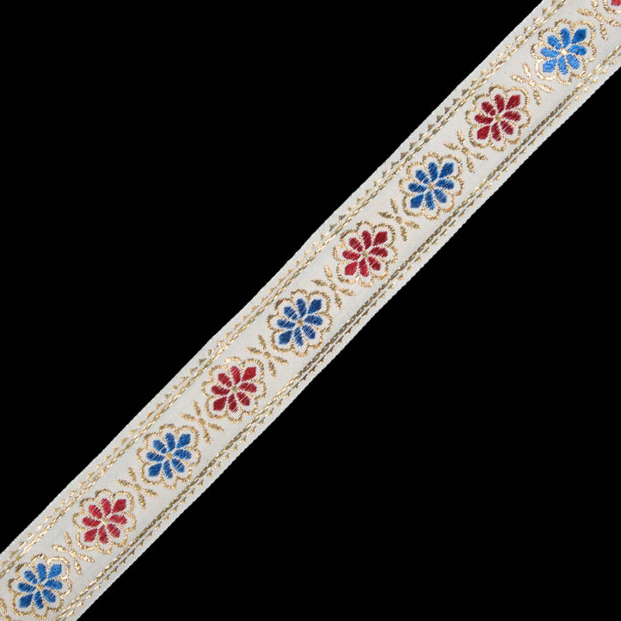 Metallic Gold, Blue and Red Floral Jacquard Ribbon - 1.25 | Mood Fabrics