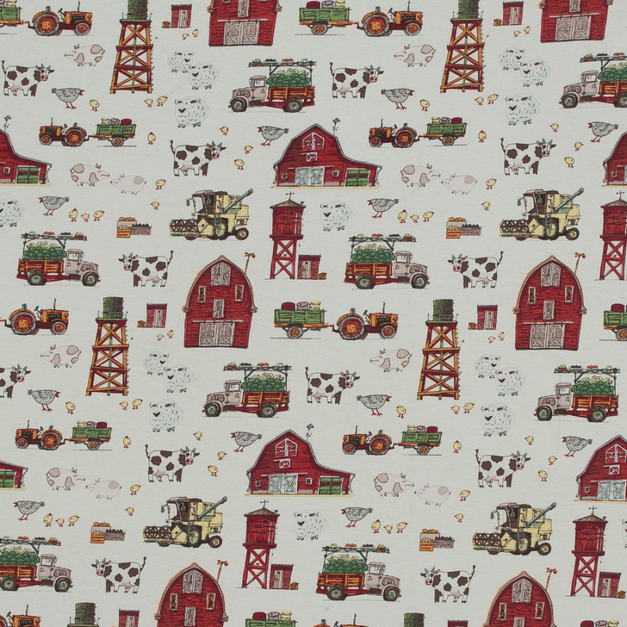 Red and Green on the Farm Cotton Jersey | Mood Fabrics
