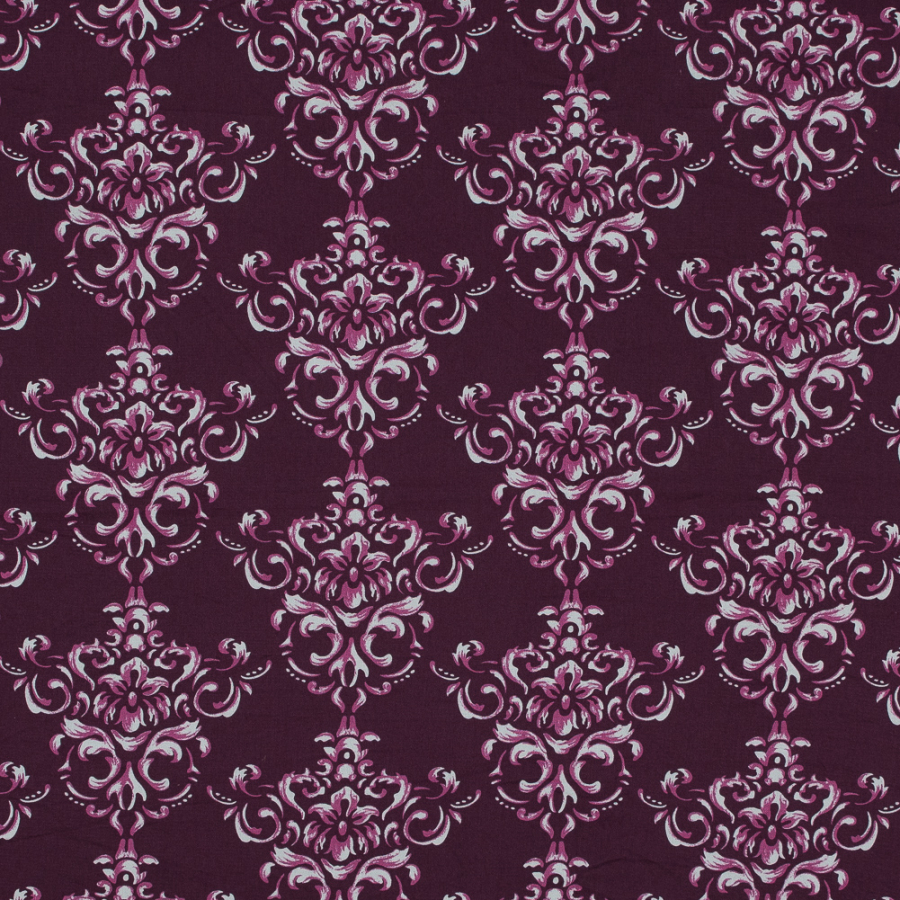 Burgundy Damask Printed Cotton Twill | Mood Fabrics