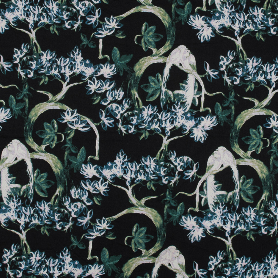 Green and Black Bird Printed Cotton Twill | Mood Fabrics