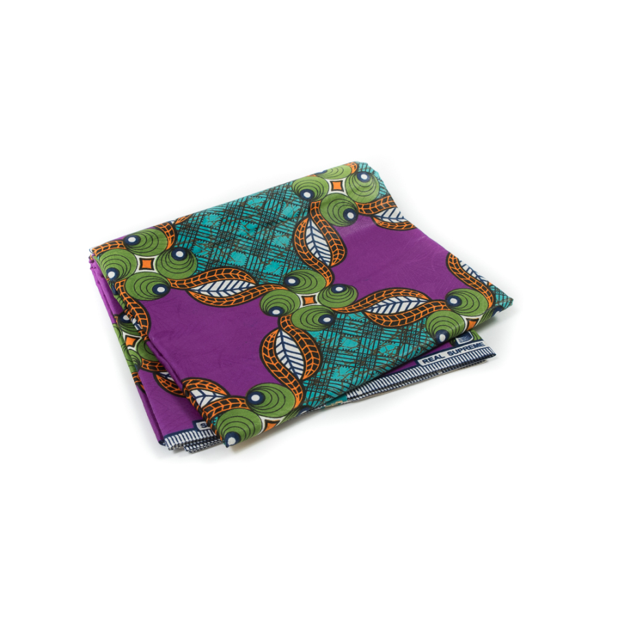 Purple, Green and Orange Waxed Cotton African Print with additional Inlaid Pattern | Mood Fabrics