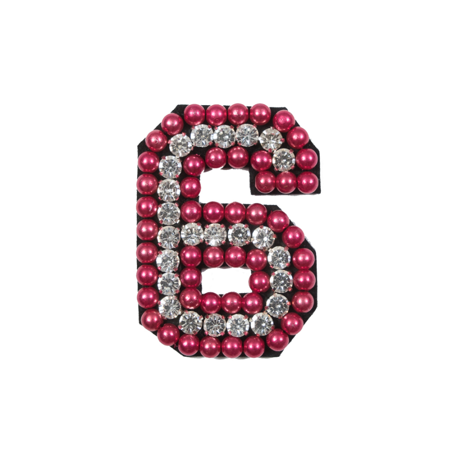 Italian Number 6 Patch with Pink Pearls and Rhinestones- 2.75 x 2 | Mood Fabrics