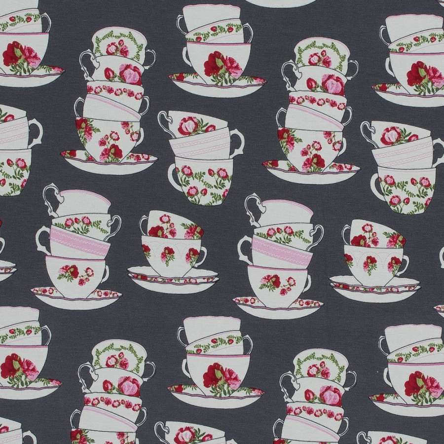 Charcoal and Pink Tea Cups Cotton Jersey | Mood Fabrics