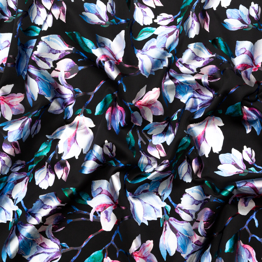 Black Ponte Knit with Blue and Purple Floral Foil Design | Mood Fabrics