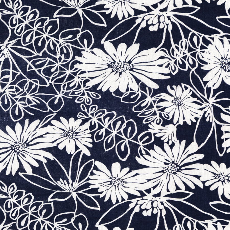 Denim and White Floral Printed Linen Woven | Mood Fabrics
