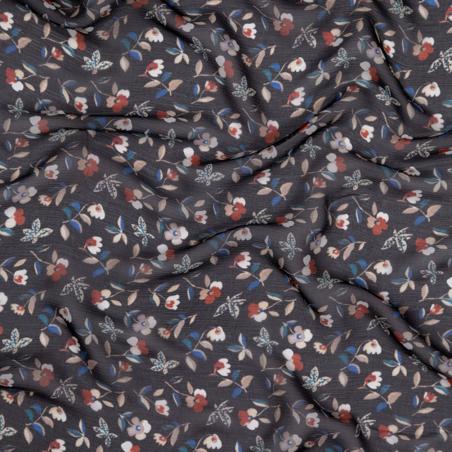 Jason Wu Navy and Red Floral Crinkled Silk Chiffon | Mood Fabrics