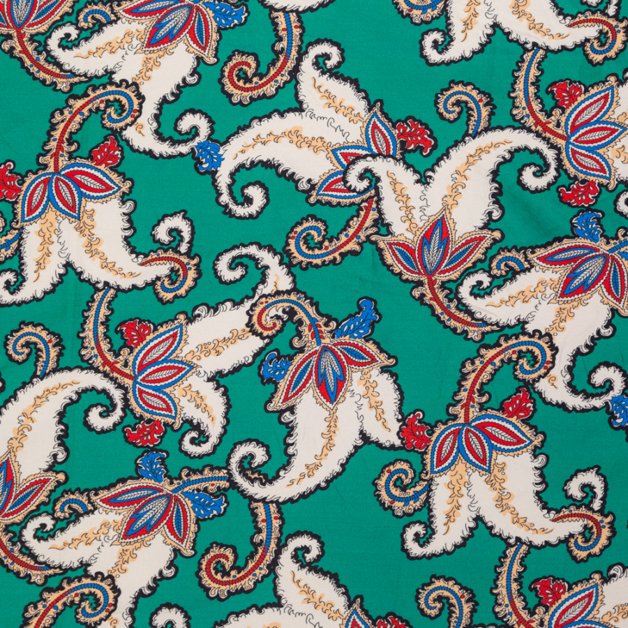 Famous NYC Designer Italian Vivid Green Paisley Silk and Wool Twill | Mood Fabrics