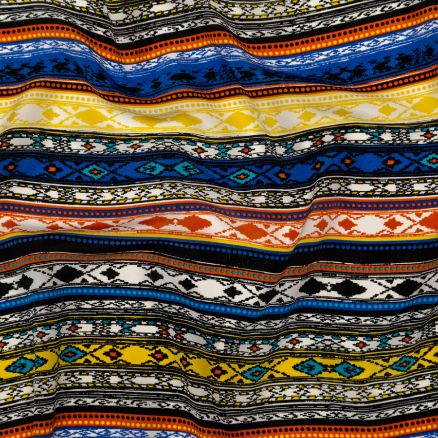 Blue, Orange and Yellow Tribal Printed Silk Crepe de Chine | Mood Fabrics