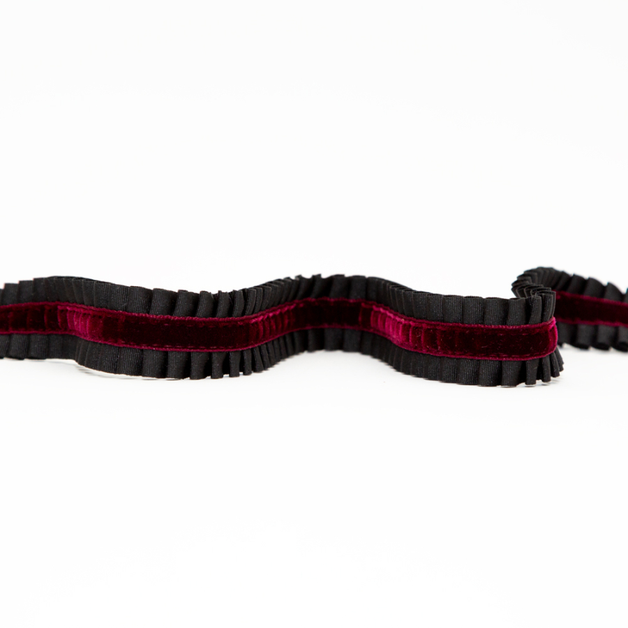 Italian Black and Wine Pleated Grosgrain Ribbon with Velvet Center - 1 | Mood Fabrics