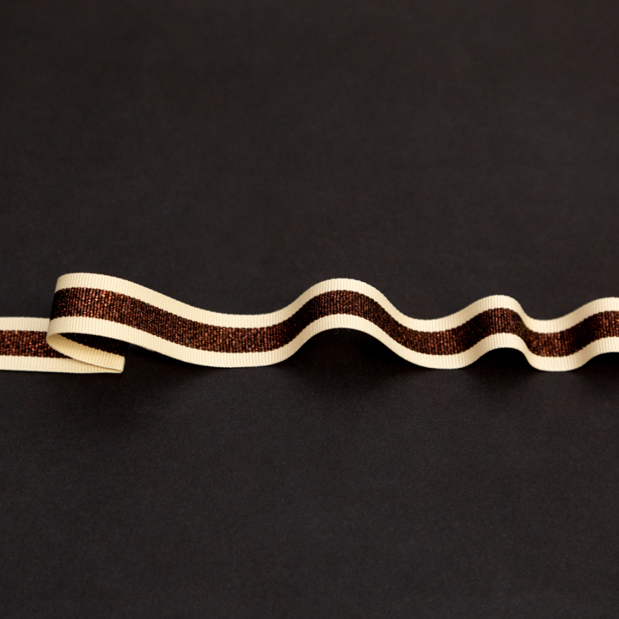 Italian Metallic Dark Copper and Tan Striped Grosgrain Ribbon - 0.625 | Mood Fabrics