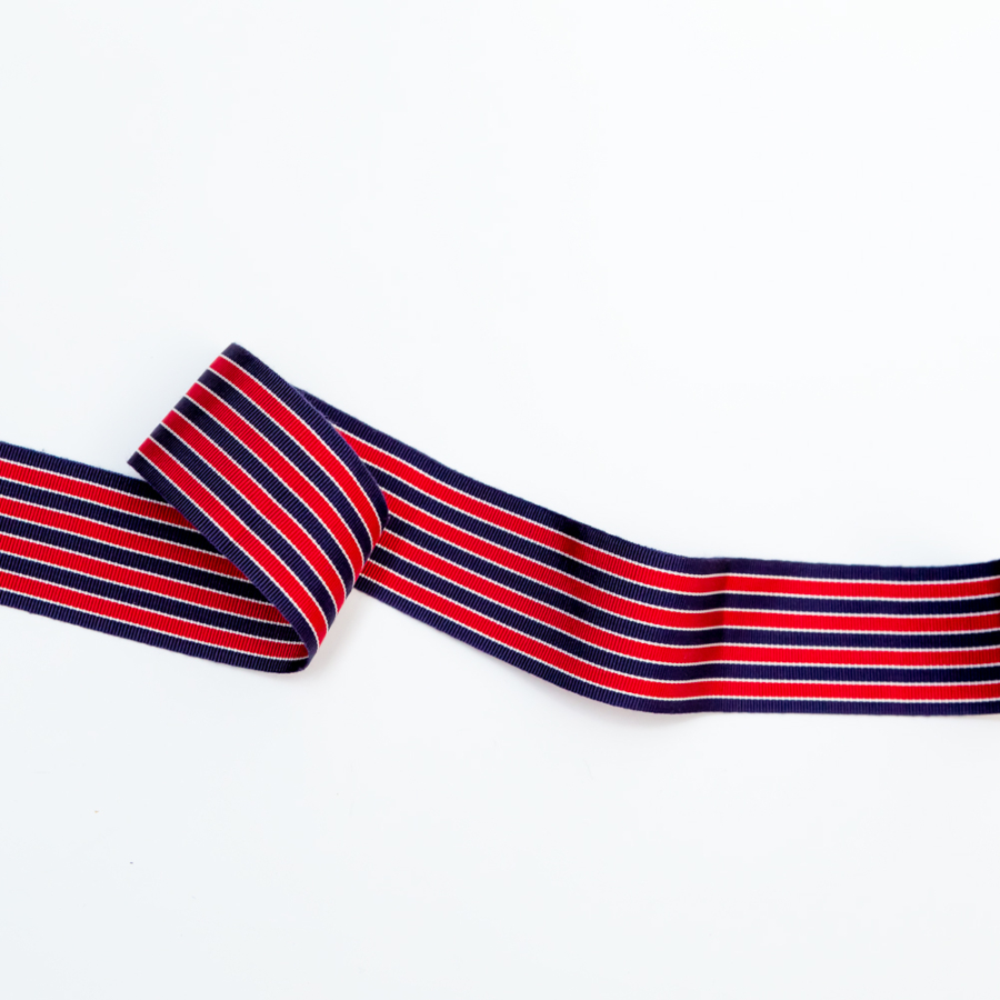 Navy, Red and White Striped Grosgrain Ribbon - 1.625 | Mood Fabrics