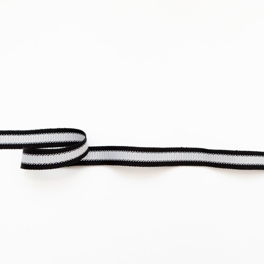 Italian Black and Light Silver Striped Grosgrain Ribbon - 0.625 | Mood Fabrics