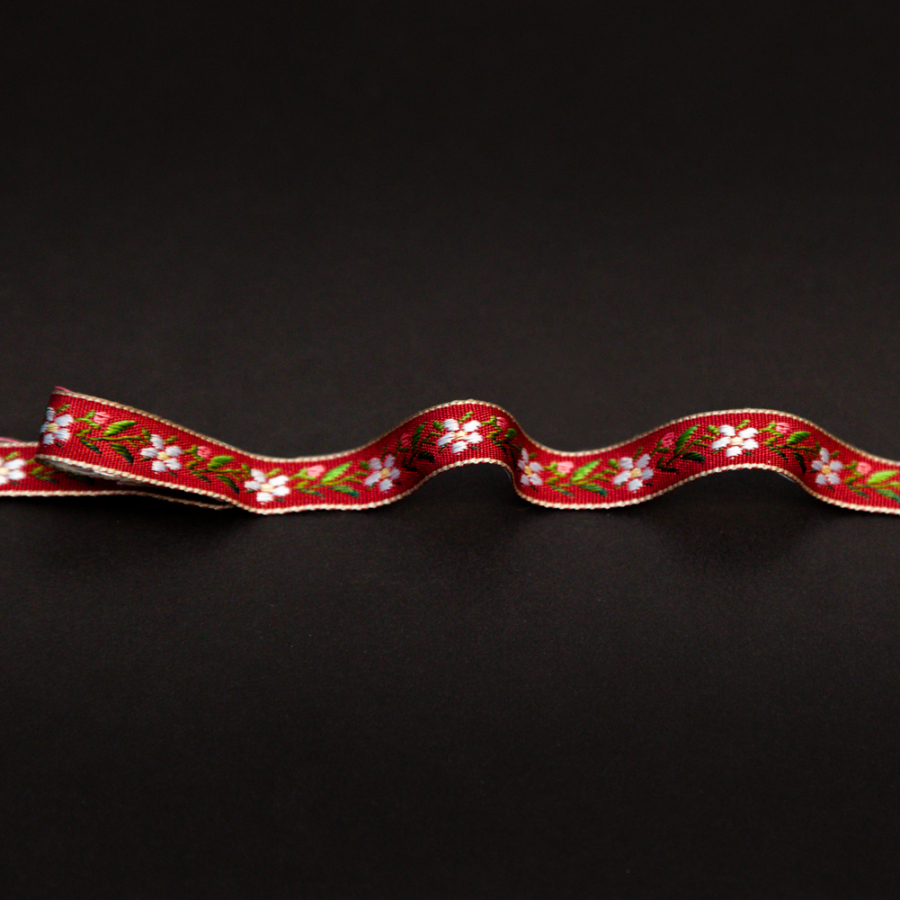 Italian Red Floral Jacquard Ribbon - 0.375 | Mood Fabrics