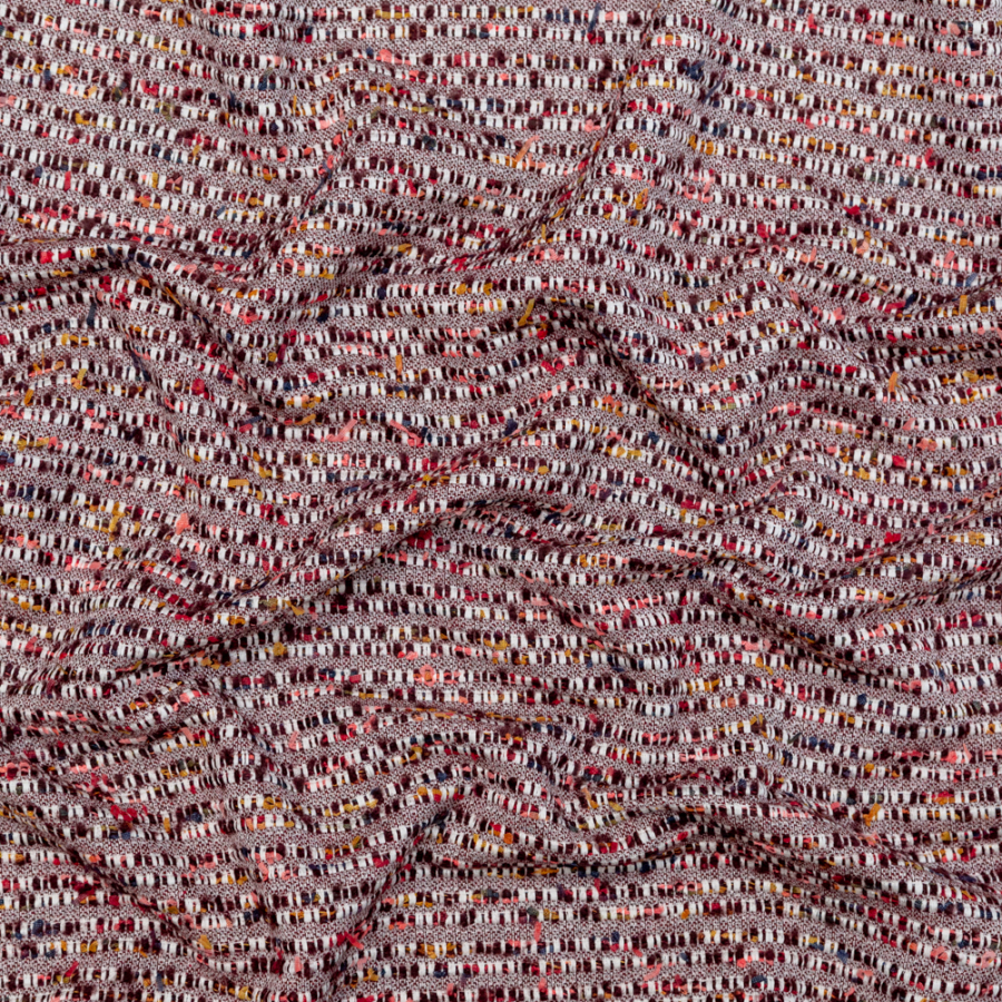 Burgundy and White Striped Cotton and Wool Tweed | Mood Fabrics