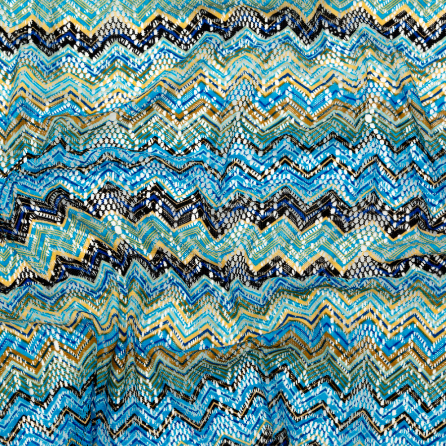 Blue and Saffron Zig Zig Printed Crochet Lace | Mood Fabrics
