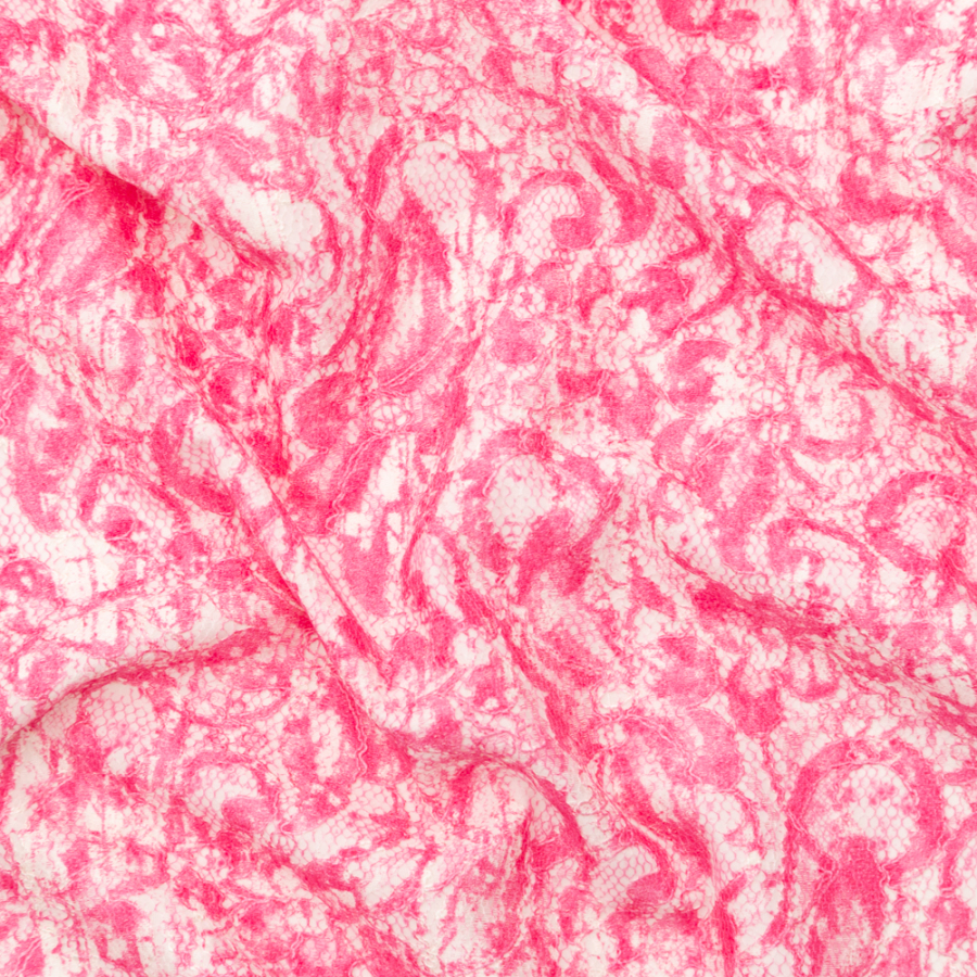 Pink and White Fused Stretch Floral Lace and Tie Dye Tricot | Mood Fabrics