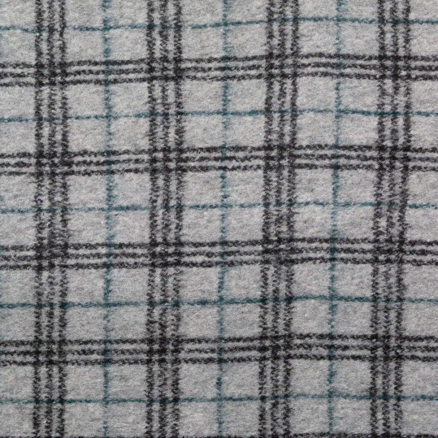 Italian Gray, Black and Teal Plaid Fuzzy Wool Knit | Mood Fabrics