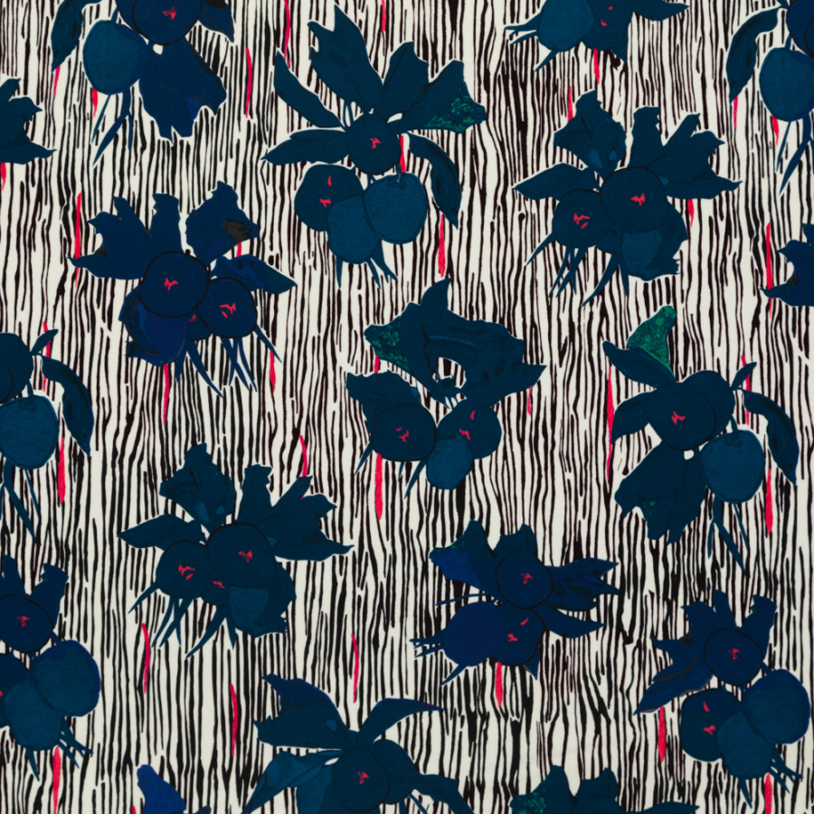 Jason Wu Azalea and Estate Blue Striped Floral Stretch Rayon Jersey | Mood Fabrics