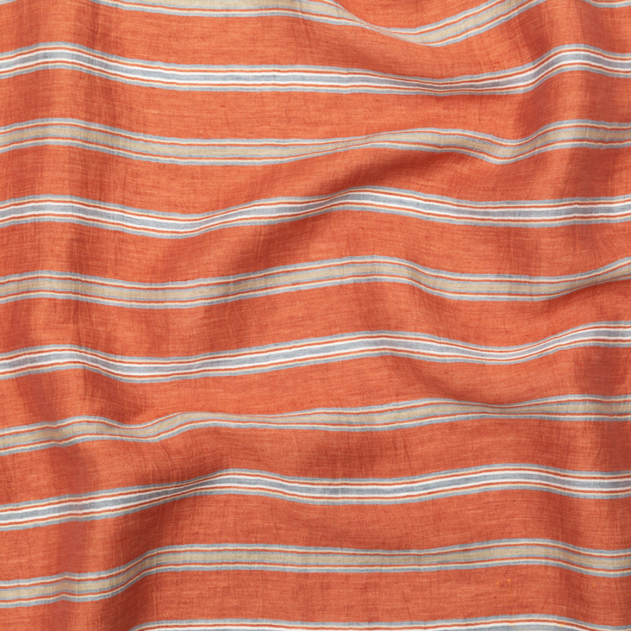 Italian Redwood and Blue Striped Rayon Woven | Mood Fabrics