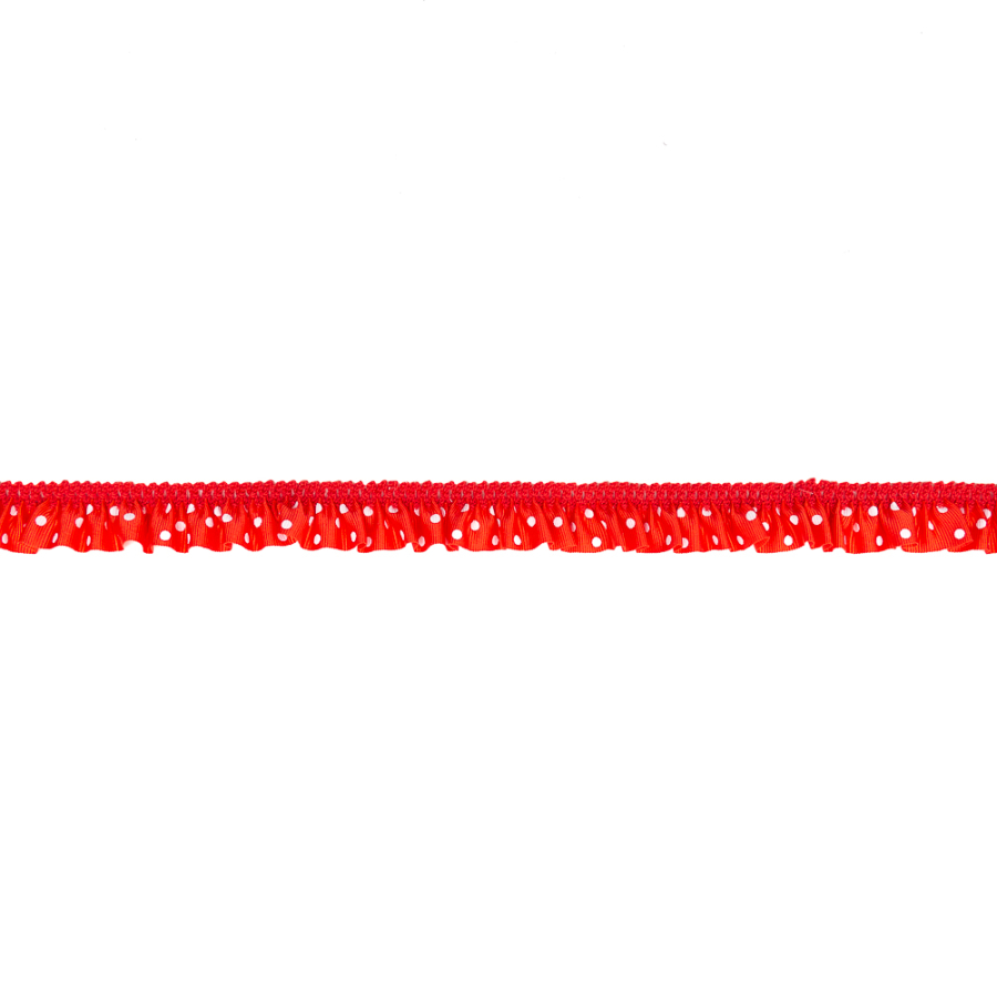 European Red and White Polka Dot Ruffled Stretch Grosgrain .875 | Mood Fabrics