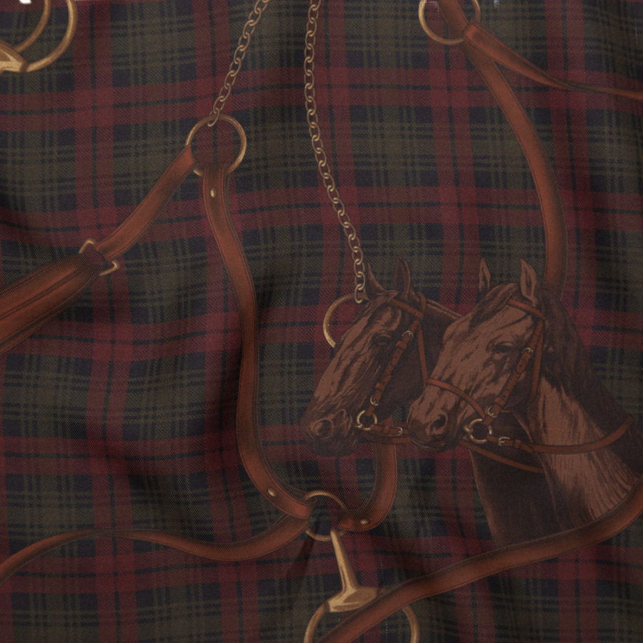 Ralph Lauren Red and Green Plaid, Horses and Bridles Silk Twill | Mood Fabrics