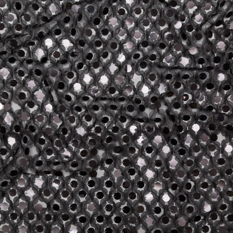 Italian Black 3D Floral Circle Paillette Sequined Tulle | Mood Fabrics