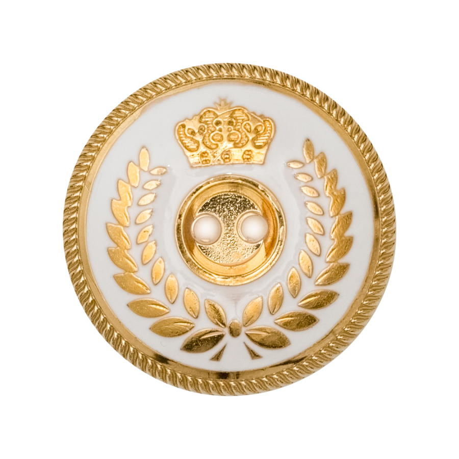 Italian Gold and White 2-Hole Crest Button - 44L/28mm | Mood Fabrics