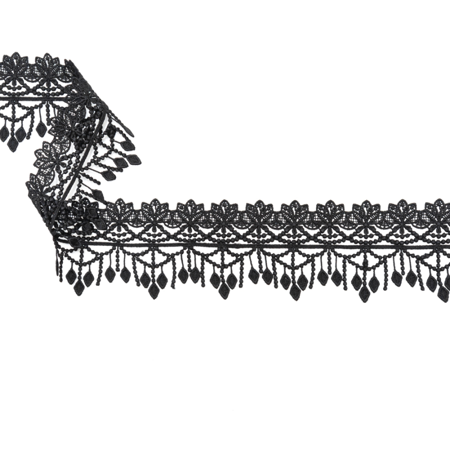 Italian Black Floral Venise Lace with Fringe Edge - 2.875 | Mood Fabrics
