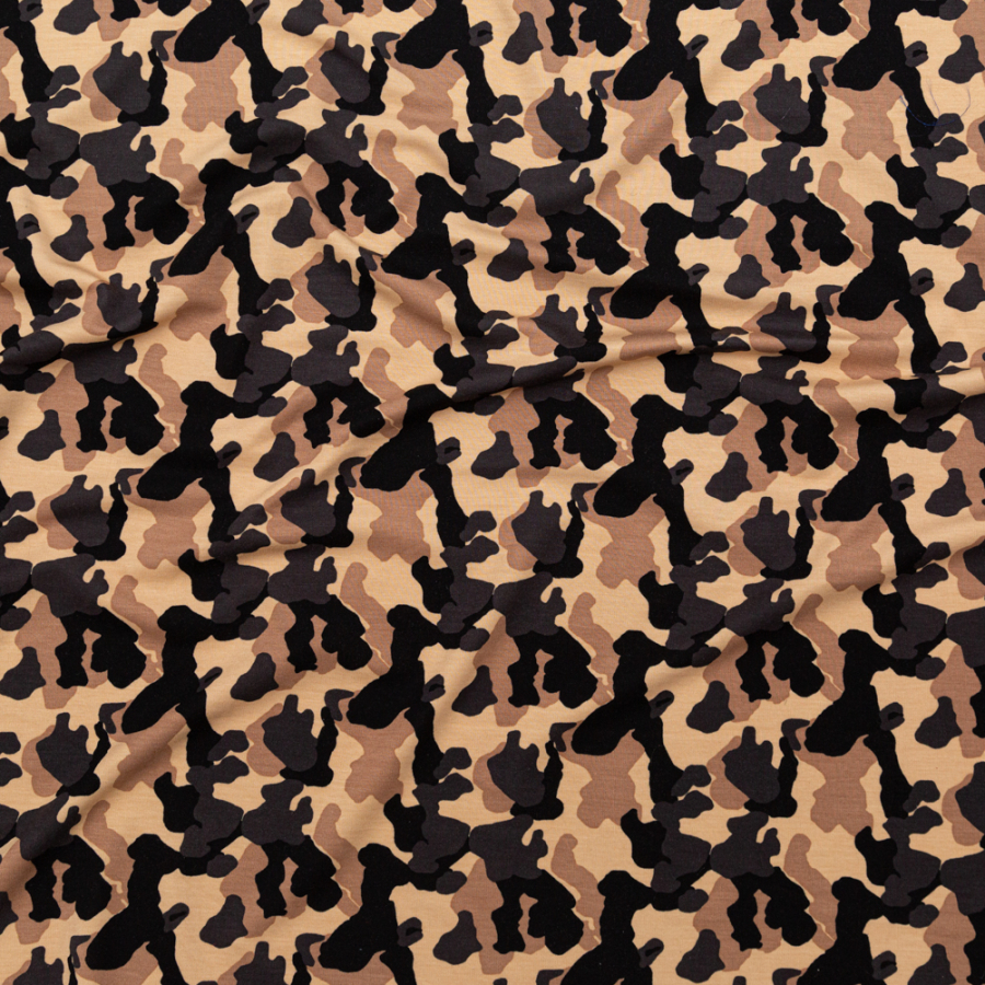 Sand and Black Camouflage Printed Lightweight Ponte Knit | Mood Fabrics