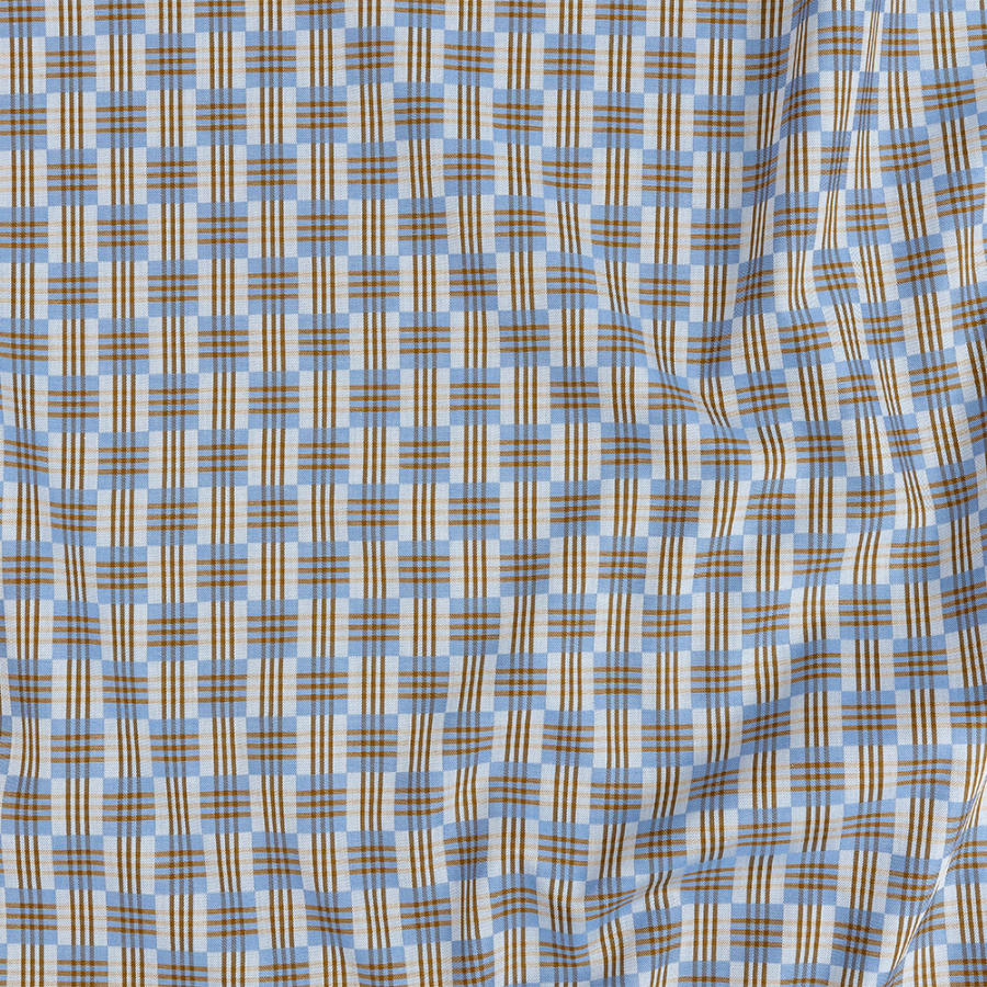 Premium Mustard and Sky Blue Madras Checks Dobby Cotton Shirting | Mood Fabrics