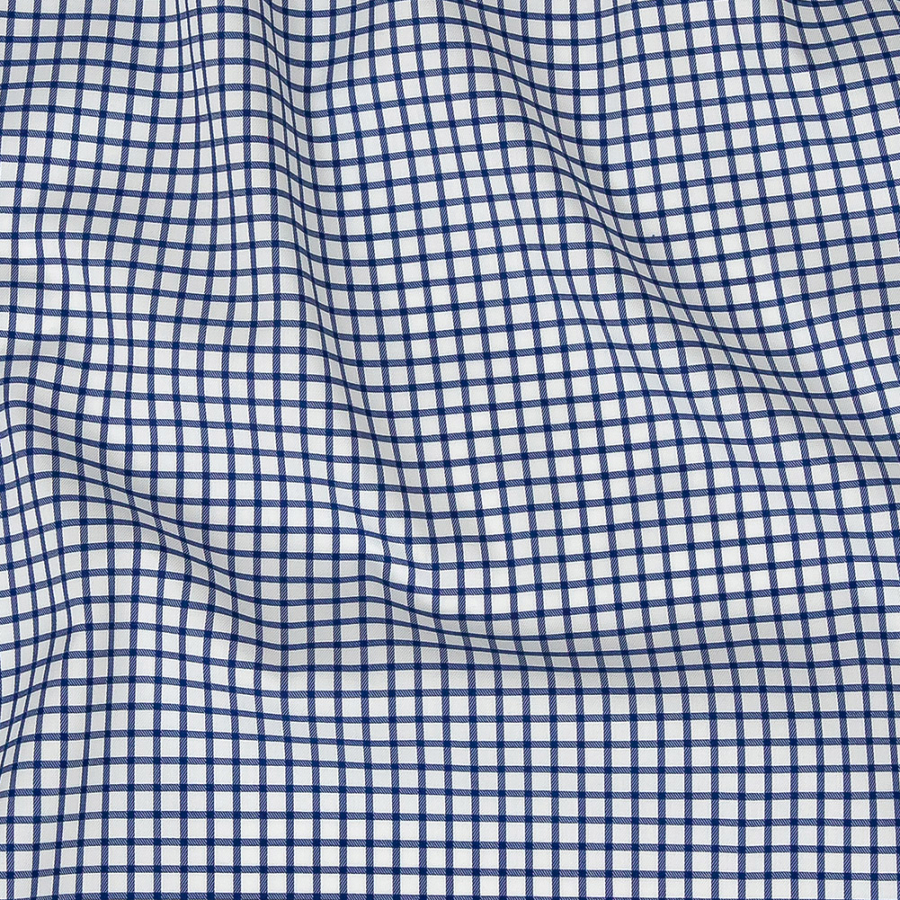 Premium Navy and White Checkered Wrinkle Resistant Dobby Cotton Shirting | Mood Fabrics