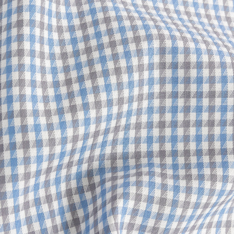 Premium Sky Blue and Pewter Tattersall Checks Wrinkle Resistant Dobby Cotton Shirting | Mood Fabrics