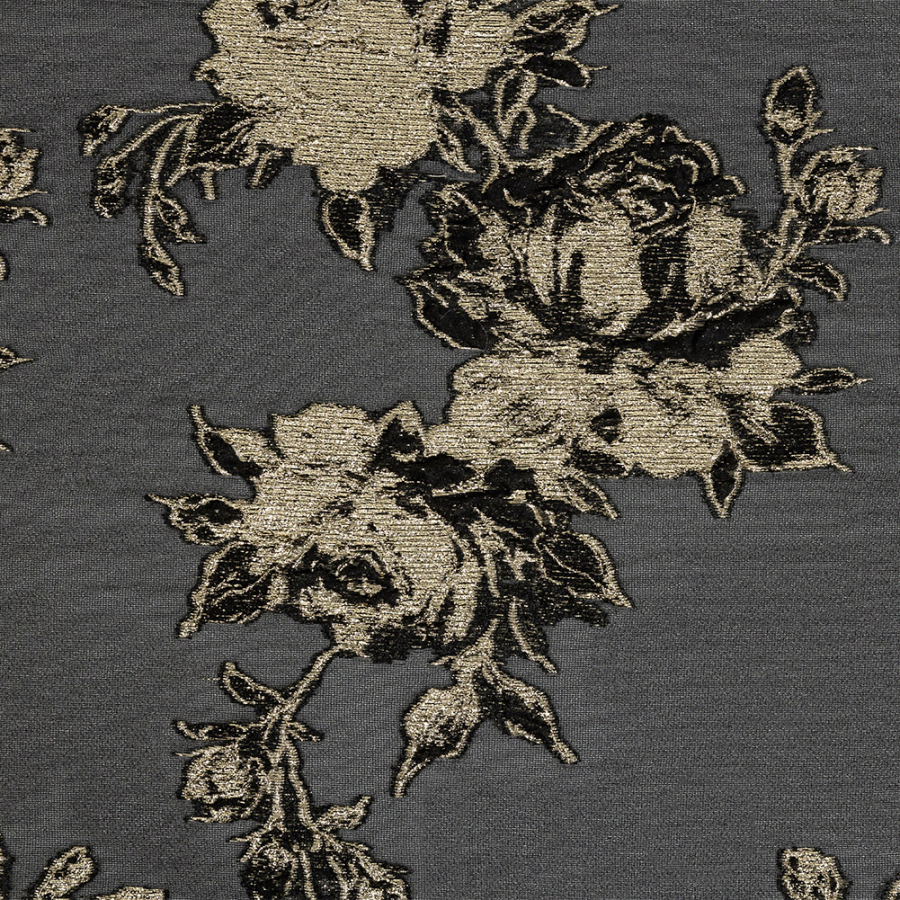 Metallic Gold and Black Floral Outlines Luxury Burnout Brocade | Mood Fabrics