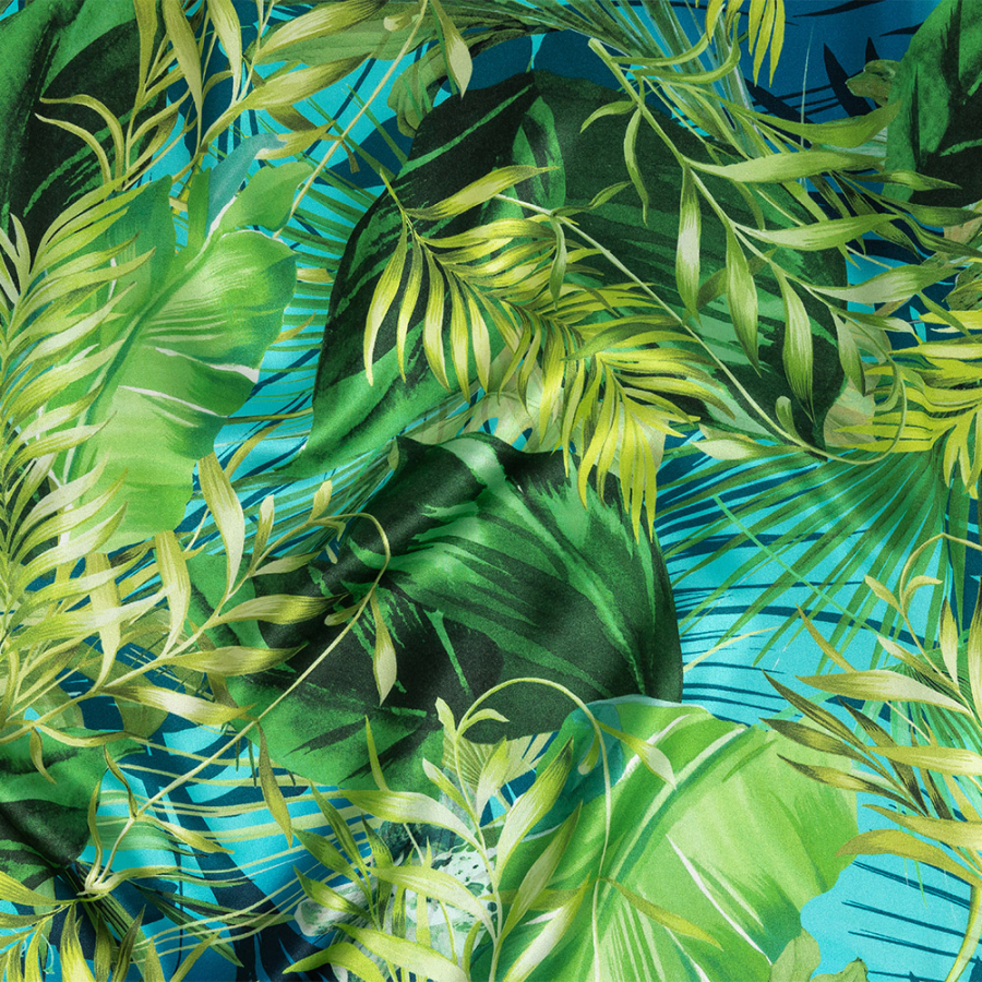 Mood Exclusive Italian Green and Blue Ferns and Foliage Digitally Printed Silk Charmeuse | Mood Fabrics