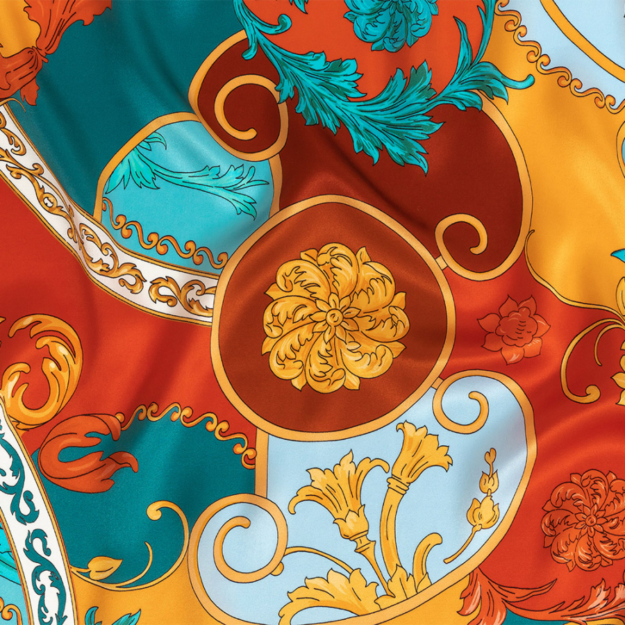 Mood Exclusive Italian Rust, Sun Orange and Bachelor Button Ornate Digitally Printed Silk Charmeuse | Mood Fabrics