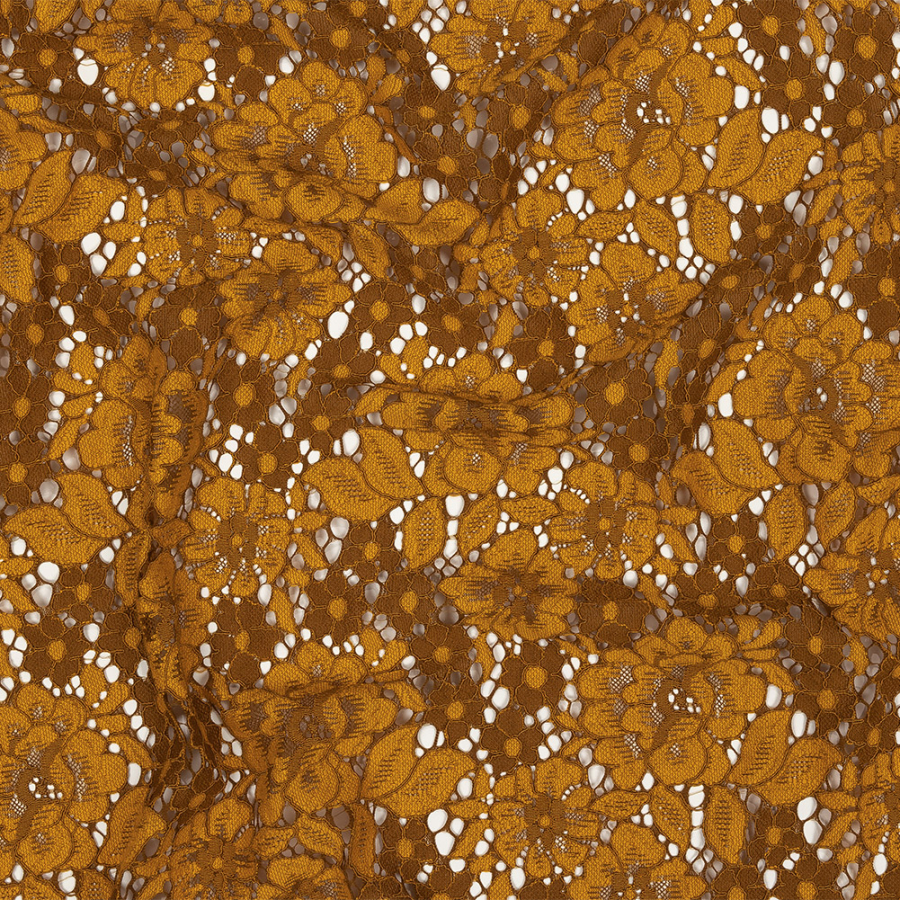 Tangerine and Brown Allover Floral Re-Embroidered Corded Lace | Mood Fabrics